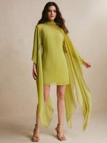 CielaLinda Women's Batwing Cape Shawl And Camisole Mini Dress Two Pieces Set - Green - View 3
