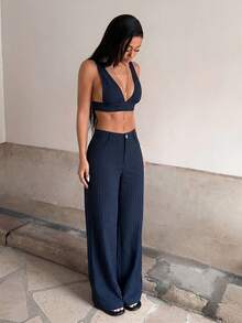 StreetHx Women's Spring/Autumn 2000s Style Y2K Casual Streetwear Black Striped Tank Top 2 Pieces Set - Navy Blue - View 3