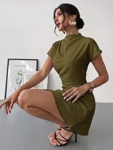 Aloruh Women Mini Dresses Everyday Olive Green Simple Elegant,Wedding Guest,Graduation Dress - Army Green - View 7