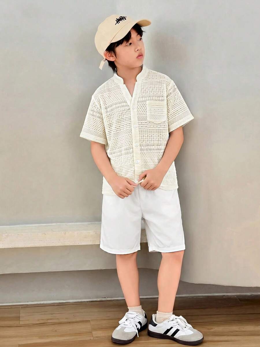 SHEIN Tween Boy Knitted Jacquard Fabric Small Stand Collar Short Sleeve Button-Up Shirt And Elastic Waist Shorts 2-Piece Set Daily Casual Matching Set - Multicolor - View 1