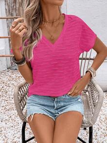 EMERY ROSE Camiseta de manga corta de unicolor con cuello en V, casual y versátil para uso diario para mujer - Rosa Fucsia - Ver 5