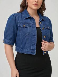 EMERY ROSE Plus Size Women's Cropped Button Puff Sleeve Denim Jacket - Blue - View 4