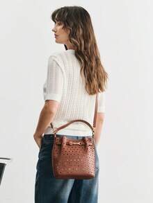 SHECARRY WOMEN'S FASHION BROWN HANDBAG, EXQUISITE BUCKLE, HOLLOW CRAFT BUCKET BAG, SUITABLE FOR DAILY, COMMUTING, SHOPPING, VACATION, TRAVEL - Brown - View 9