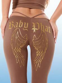 BABYPHAT Quần legging ống loe bằng vải jersey với chi tiết cắt chữ V ở eo và họa tiết cánh vàng ở lưng. - Màu nâu Sô-cô-la - Xem 8