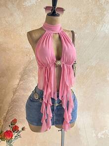 Soleia Top sexy versátil para mujer de color liso con cuello halter, plisado y volantes, para citas y salidas - Rosa Pálido - Ver 9