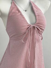 Elamini Damen Sommerkleid mit Schleife, Trägern, Streifen, Neckholder und rückenfrei - Rot - Übersicht 1