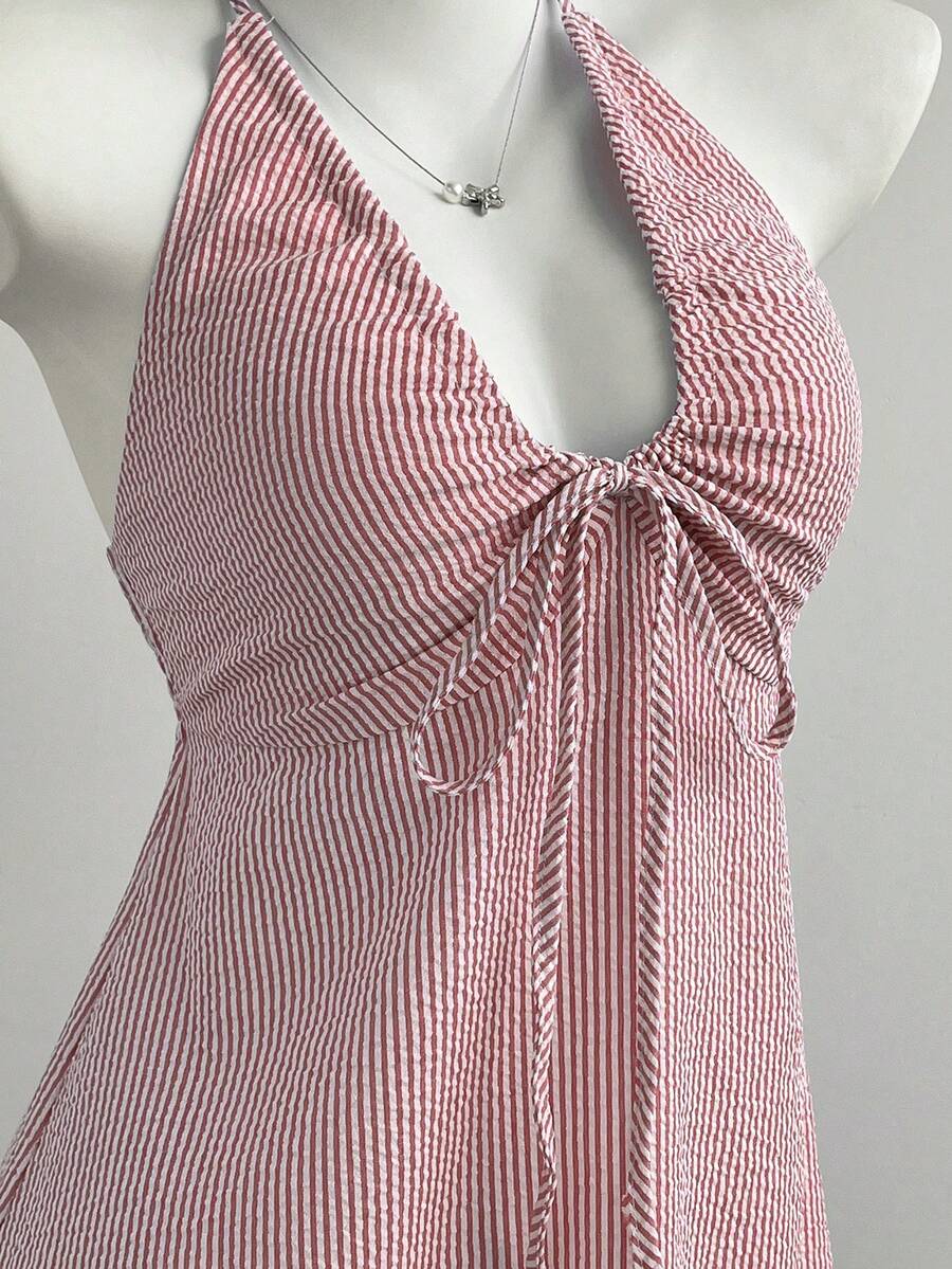 Elamini Damen Sommerkleid mit Schleife, Trägern, Streifen, Neckholder und rückenfrei - Rot - Übersicht 1