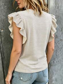 EMERY ROSE Striped Digital Print Floral Craft Fashionable Minimalist Women's Ruffle Cuff Round Neck T-Shirt Friend's Gift - Multicolor - View 2