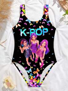 SHEIN Tween Girl Butterfly Cartoon Character Print One-Piece Swimsuit For Beach Vacation - Black - View 1