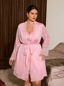 Slumberist Plus Size Women's Light Pink Lace Patchwork Shiny Satin Nightgown Mid-Length Robe 2-Piece Set With Waist Tie, Loungewear Night Autumn - Pink - View 7