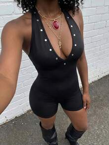 Jeanoix Women's Sexy Halter Deep V-Neck Beaded Romper Club Night Out Black Summer - Black - View 4