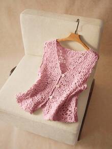 Elaquor Plus Size Vacation Casual Solid Color Hollow Knit Vest - Pink - View 4