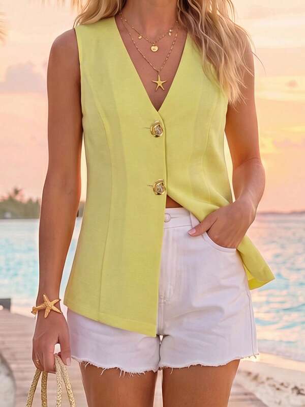 Sylviya Casual Women's Summer Vacation Metal Buckle Vest Yellow Shirt Vacation Summer Tops Summer Outfits Going Out Top