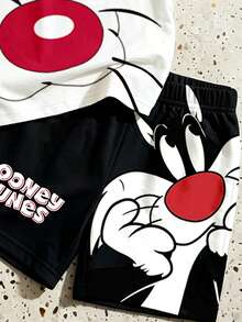 LOONEY TUNES X SHEIN GraphicGems 男嬰圓領卡通印花短袖T恤與短褲休閒日常套裝 - 黑色 - 查看 5