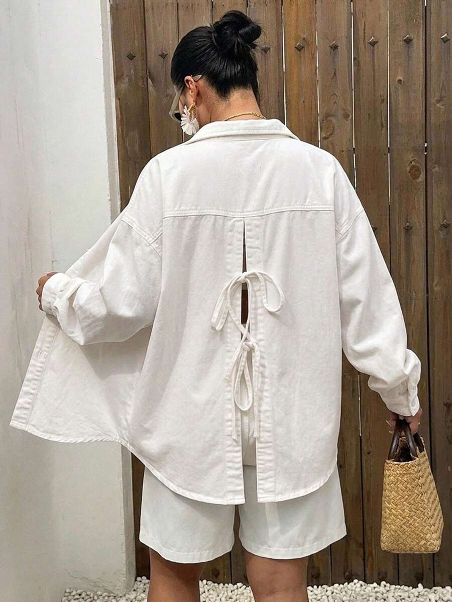 Dazy Plus Solid Color Casual Back Split Bowknot Loose Fit White Long Sleeve Plus Size Women Spring Summer Autumn Denim Shirt Vacation - White - View 1