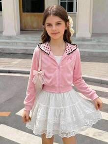 SHEIN Tween女孩蝴蝶結刺繡對比蕾絲連帽拉鍊秋季運動衫 - 粉色 - 查看 10