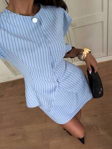 Siren Gaze Summer Fall Winter Women Striped Set Puff-Sleeve Fitted Top Low-Waisted Skirt Y2K Elegant Casual Formal Wedding Graduation Blue Social Office Wear - Blue - View 6