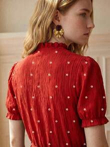 Écloséra 女款短袖喇叭袖鈕扣花卉圖案襯衫 - 紅色 - 查看 6