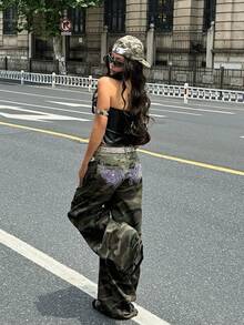 Coolane 女款夏秋街頭風休閒外出 Y2K 牛仔女郎純棉寬鬆迷彩天使之翼與愛心圖案閃亮水鑽牛仔褲 - 軍綠色 - 查看 8