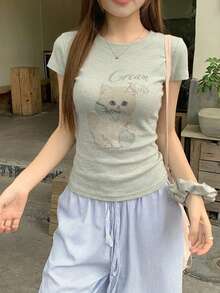 DAZY 春夏女款緊身修身圖案設計動物印花T恤 - 綠色 - 查看 3