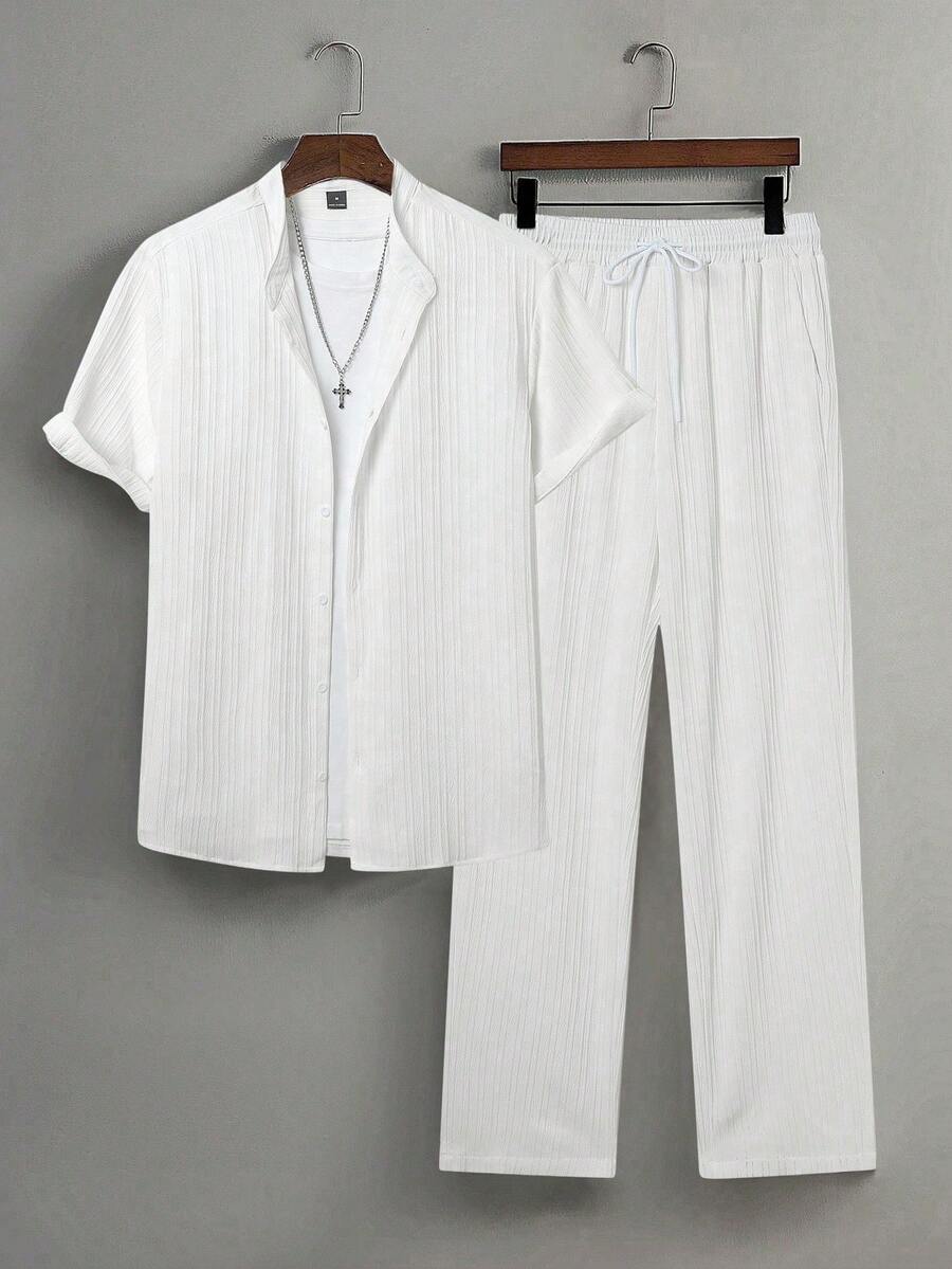 Manfinity Hypemode 2pcs Men Casual Solid Color Textured Short Sleeve Shirt And Drawstring Waist Loose Straight-Leg Pants Set, Two Pieces Outfits, Clothes, Cozy, Formal - White - View 1