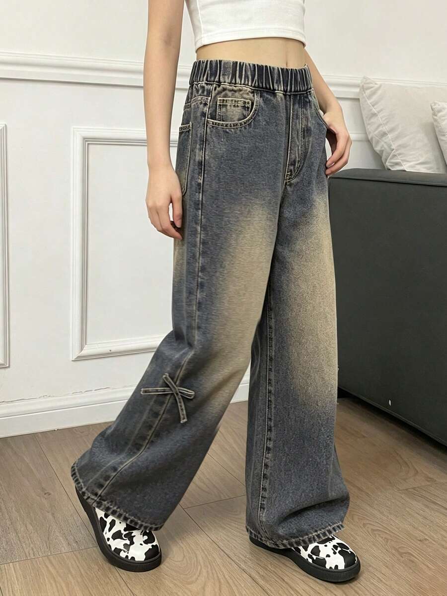 DAZY Tween Girl Elastic Waist Straight Leg Vintage Distressed Washed Denim Jeans Fall - Olive Green - View 1