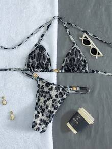 SHEIN Swim Elegantes sexy Damen-Bikini-Set im Y2K-Stil mit Leopardenmuster – Pailletten-Halterneck-Triangel-Top mit grauer Muschel-Details und hochgeschnittenem Tanga-Höschen für Party, Strand und Sommer - Grau - Übersicht 4