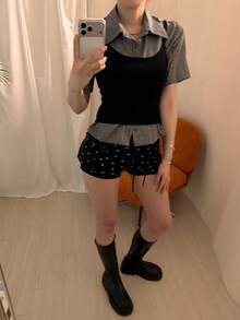 DAZY 女款層次感掛脖短袖T恤性感休閒波希米亞優雅高級法式復古修身2件套夏季校園黑色 - 黑色 - 查看 4
