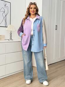 SHEIN CURVE+ 大尺碼休閒 90 年代色塊長袖夾克，秋冬風格，2026 22W 紫色早午餐畢業季 - 彩色 - 查看 8