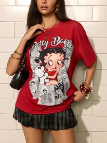 Betty Boop x SHEIN 女款字母印花圓領休閒T恤 - 紅色 - 查看 4