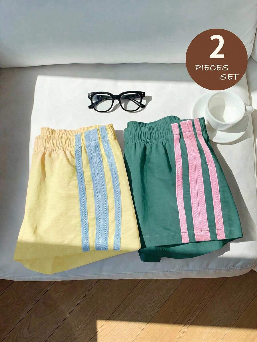 SHEIN 女嬰編織素色修身休閒下著 2件套 - 芥末黃 - 查看 1