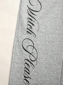 SHEIN 青少年女孩針織淺灰色寬鬆休閒街頭字母印花抽繩口袋寬腿運動長褲 - 淺灰色 - 查看 10