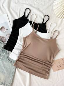 SHEIN 驚喜禮盒 [隨機 6 件商品，發送 3 件]青少年女孩背心與細肩帶背心，休閒舒適抓皺腰細肩帶背心，3 件套組 - 彩色 - 查看 6