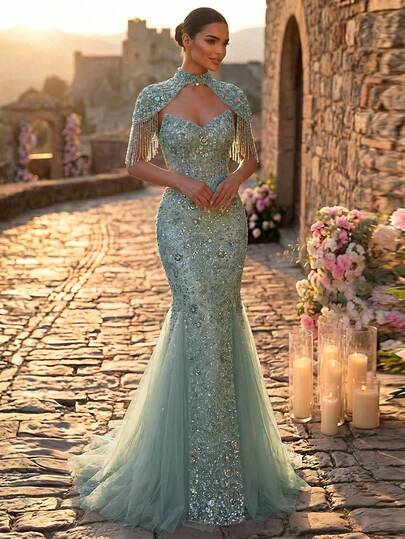 Glamrae Elegante y lujosa falda de sirena con bordado floral de lentejuelas y cuentas, patchwork de malla, con chaqueta, mangas con flecos, adecuada para boda, fiesta, despedida de soltero, vacaciones, baile, vestido de noche (trabajo pesado)