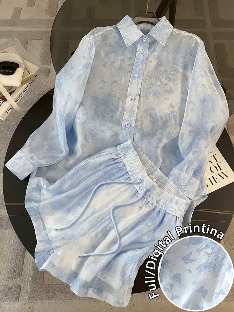 Resyla Setelan Kemeja Lengan Panjang Chiffon Longgar Model Bahu Jatuh untuk Wanita + Celana Pendek