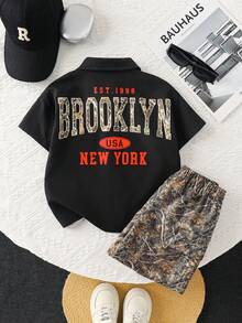 SHEIN 2pcs Kidsyoung Boy Summer Cute Casual Black Short Sleeve Shirt Leaf Camouflage Pattern Shorts Set, Camouflage Utility Shirt Set, Suitable For Daily Wear, Suitable For Spring And Summer - Black - View 2