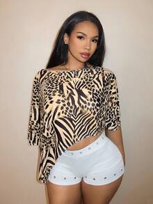 BamGleam Women's Beige Casual Tropical Sexy Versatile Daily Wear Beach Vacation Club Night Top Autumn - Multicolor - View 3