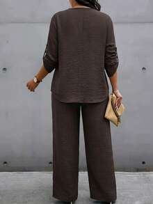 Weeklong Plus Size Women's Spring/Summer Notched Neckline Stud Button Decor Casual Vacation Set - Brown - View 2