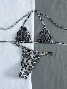 SHEIN Swim Elegantes sexy Damen-Bikini-Set im Y2K-Stil mit Leopardenmuster – Pailletten-Halterneck-Triangel-Top mit grauer Muschel-Details und hochgeschnittenem Tanga-Höschen für Party, Strand und Sommer - Grau - Übersicht 5