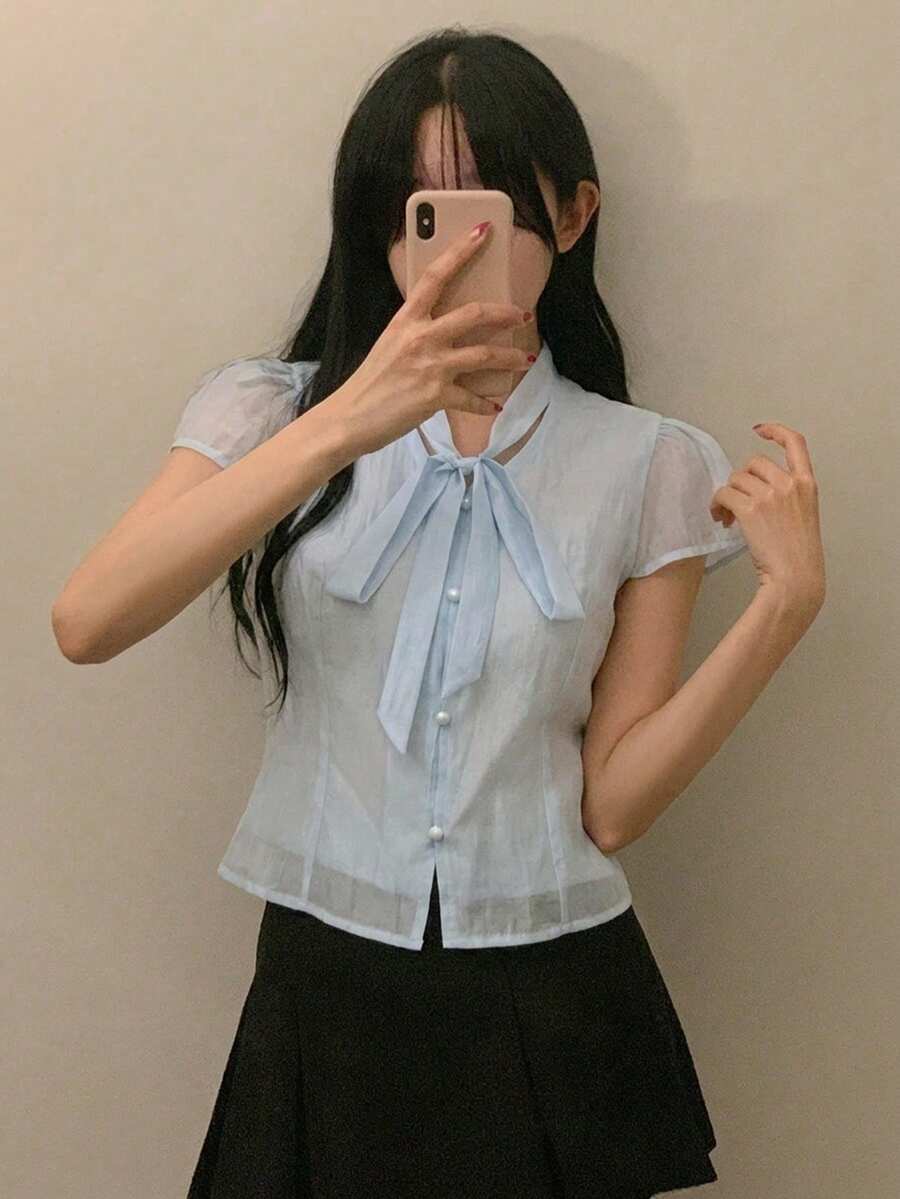 DAZY 女款春夏秋綁帶短袖夏季襯衫 - 藍色 - 查看 1