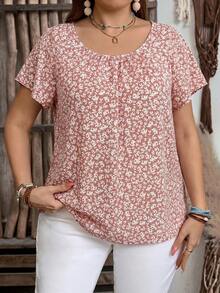 EMERY ROSE Plus Size Women All-Over Floral Print Short Sleeve Casual Shirt,Boho For Women/Summer Vacation Dusty Rose - Pink - View 1