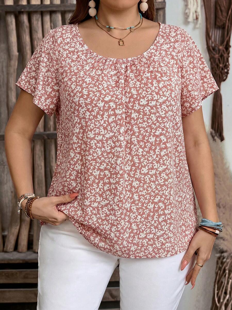 EMERY ROSE Plus Size Women All-Over Floral Print Short Sleeve Casual Shirt,Boho For Women/Summer Vacation Dusty Rose - Pink - View 1