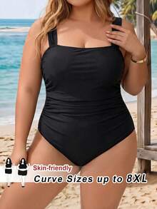 SHEIN CURVE+ 2026 Plus Size Women's Solid Color High Elastic Ribbed Fabric Fitted Scoop Neck Tight One-Piece Swimsuit For Summer Beach Vacation - Black - View 1