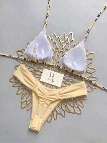 Swim Mod 女款夏季海灘花卉印花掛脖綁帶性感比基尼三角泳褲兩件式泳衣套裝 - 彩色 - 查看 9