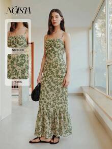 Nöista 花卉印花長洋裝，胸前單層荷葉邊，下擺大荷葉邊拼接，女款夏季春季花卉洋裝，適合節慶、婚禮、畢業典禮、伴娘禮服、舞會禮服、晚禮服、生日、Saint John 女裝，優雅度假奢華外出穿搭，適合婚禮、派對、節慶、假期、夏季 - 綠色 - 查看 8