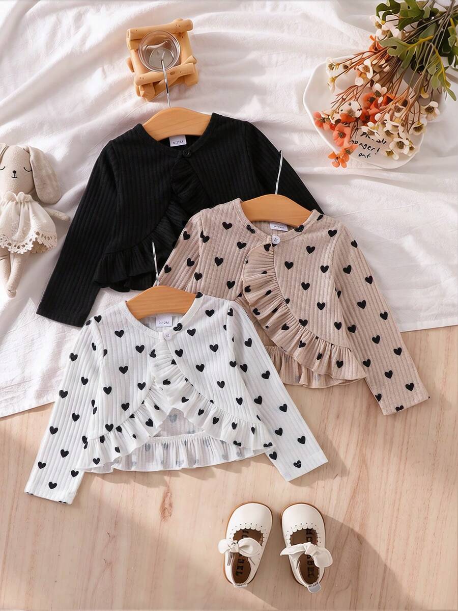 SHEIN Vintaside Kids 3件組女嬰休閒荷葉邊長袖開襟衫,愛心印花,卡其色、白色、黑色,春秋初秋輕便外套 - 彩色 - 查看 1