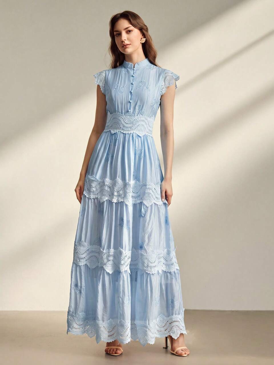 Anewsta Sky Blue Stand Collar Lace & Silk Patchwork Floral Embroidered Cinched Waist Women's Dress