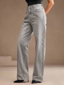 Anewsta Women's Fashion Ripped Rhinestone Embellished Straight Leg Jeans - Grey - View 5