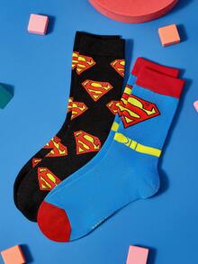 SUPERMAN X SHEIN 2雙女款字母圖案時尚筒襪，適合日常穿著 - 彩色 - 查看 4