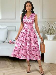 SHEIN Lady 四季皆宜的节日礼服/婚礼宾客/礼服/舞会礼服/金色/晚宴礼服/金色女士缎面提花前开衩连衣裙，休闲派对优雅 - 粉色 - 查看 5